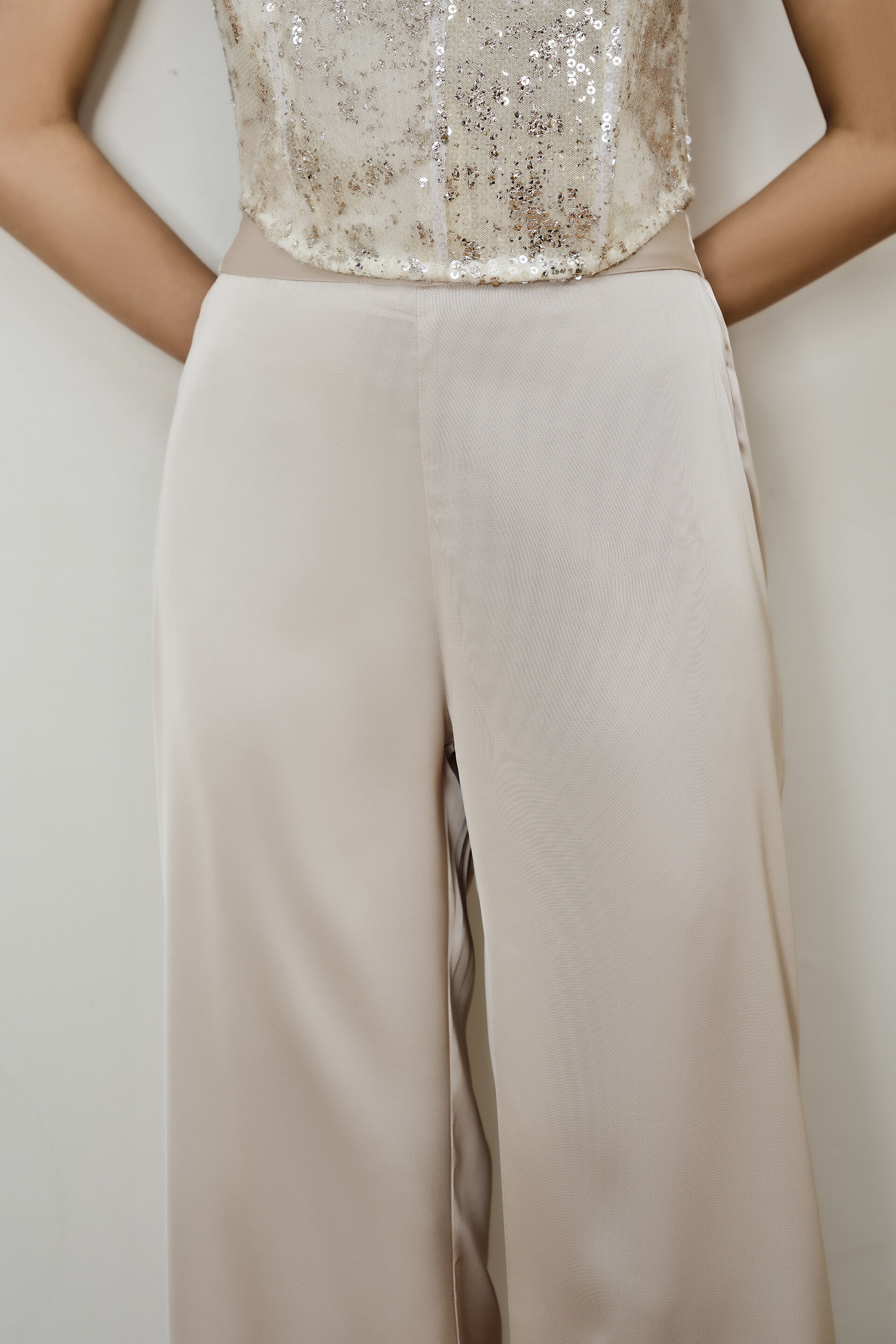 Shimmery Champagne Wide-Leg Pants, Cream, image 3